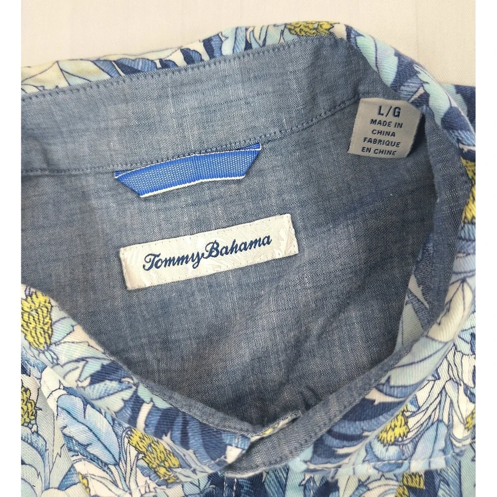Tommy Bahama Mens Large Blue Tropical Palm Pineapple Tencel Cotton Aloha Shirt